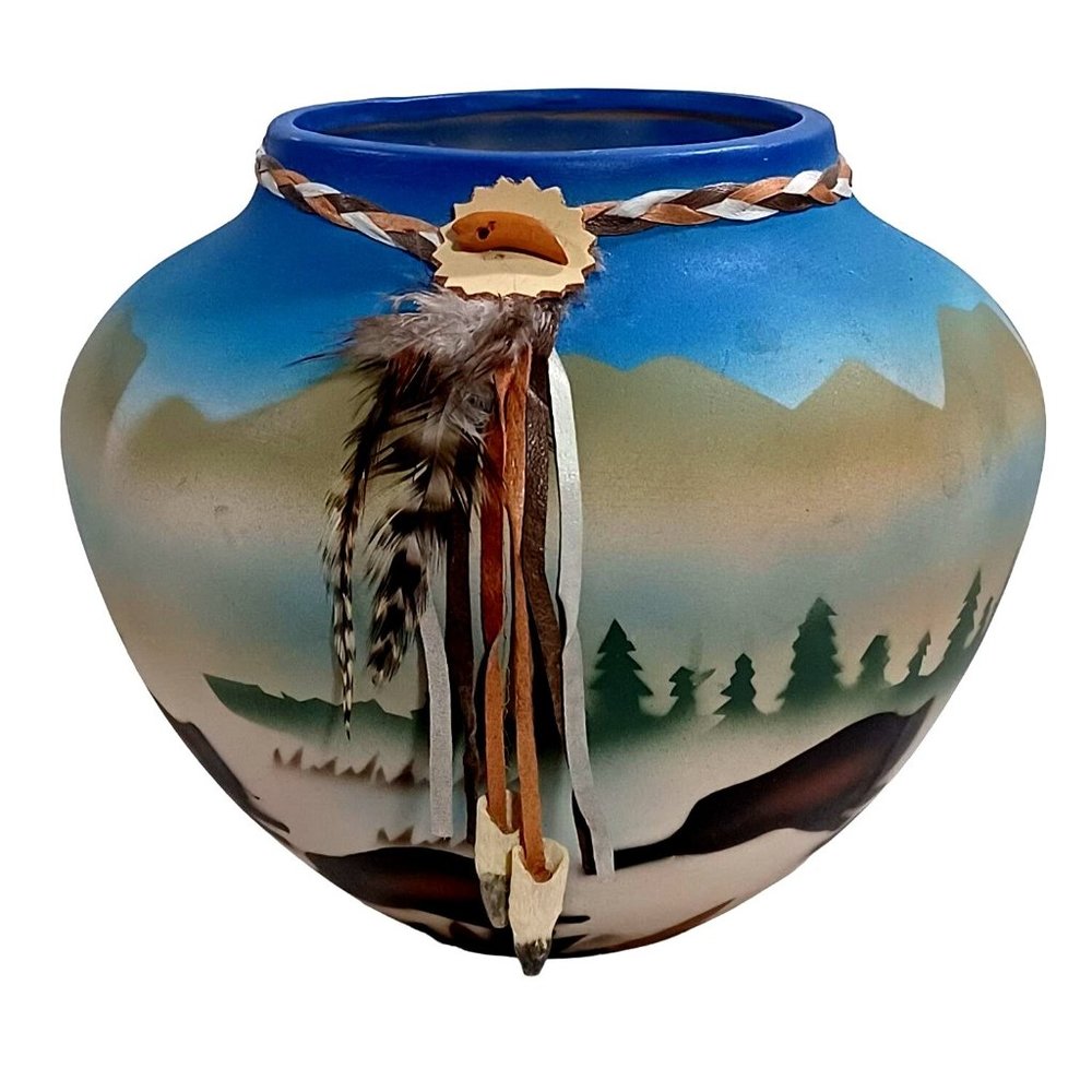 2 Native American Pottery Vases Dreamcatcher Buffalo Southwest Eagle Fea… - Picture 11 of 13